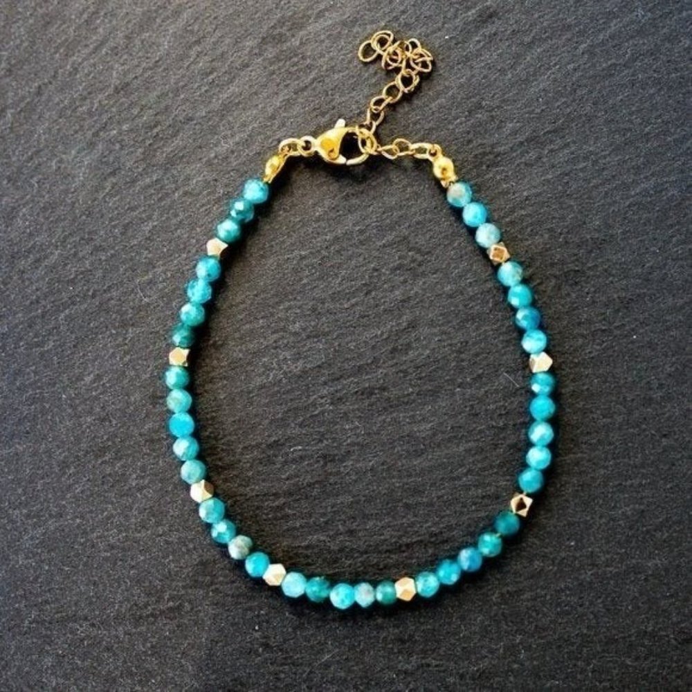 Teal Blue natural Apatite Beaded bracelet Genuine Gemstone Bead 2mm gift